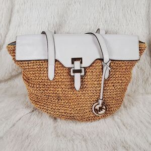 Michael Kors Naomi Large Raffia Straw Tote Bag White Leather Beach Summer